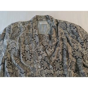 Liz Claiborne 100% Silk Floral Button Up Blouse Long Sleeve Gray Black Size 14